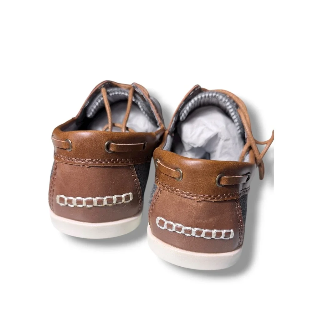 Globalwin Mens Sz 8.5 US Denim Boat Shoes Brown Leather Accents Lace Up Casual